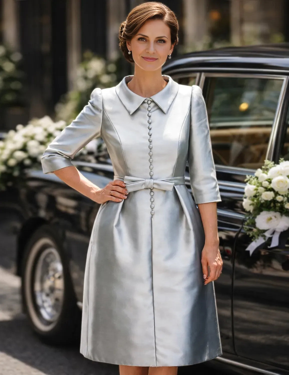 Elegant Sheath/Column 3/4 Length Sleeve Shirt Collar Satin Pleated Knee-Length Cocktail Dress