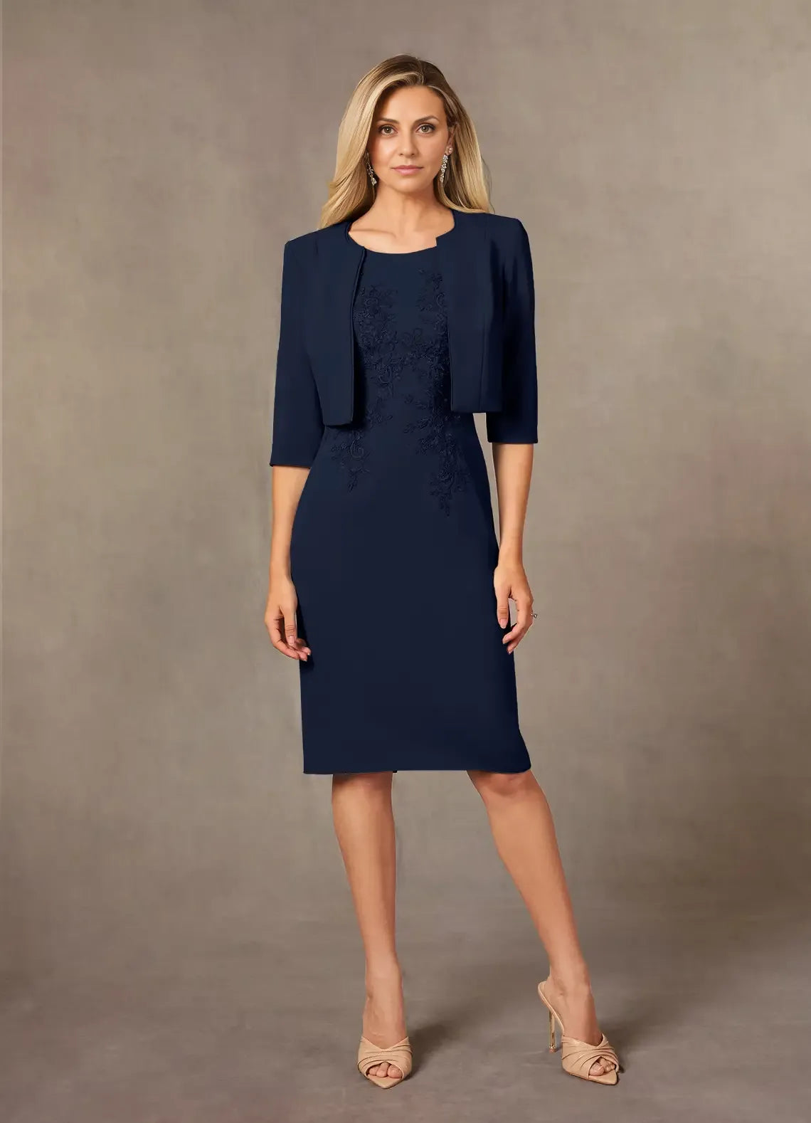 Dark Navy Sheath Lace Knee-Length Dress Three-Quarter Sleeve Solid Color Simple Scoop Neck Two-Piece Mother of the Bride Dress