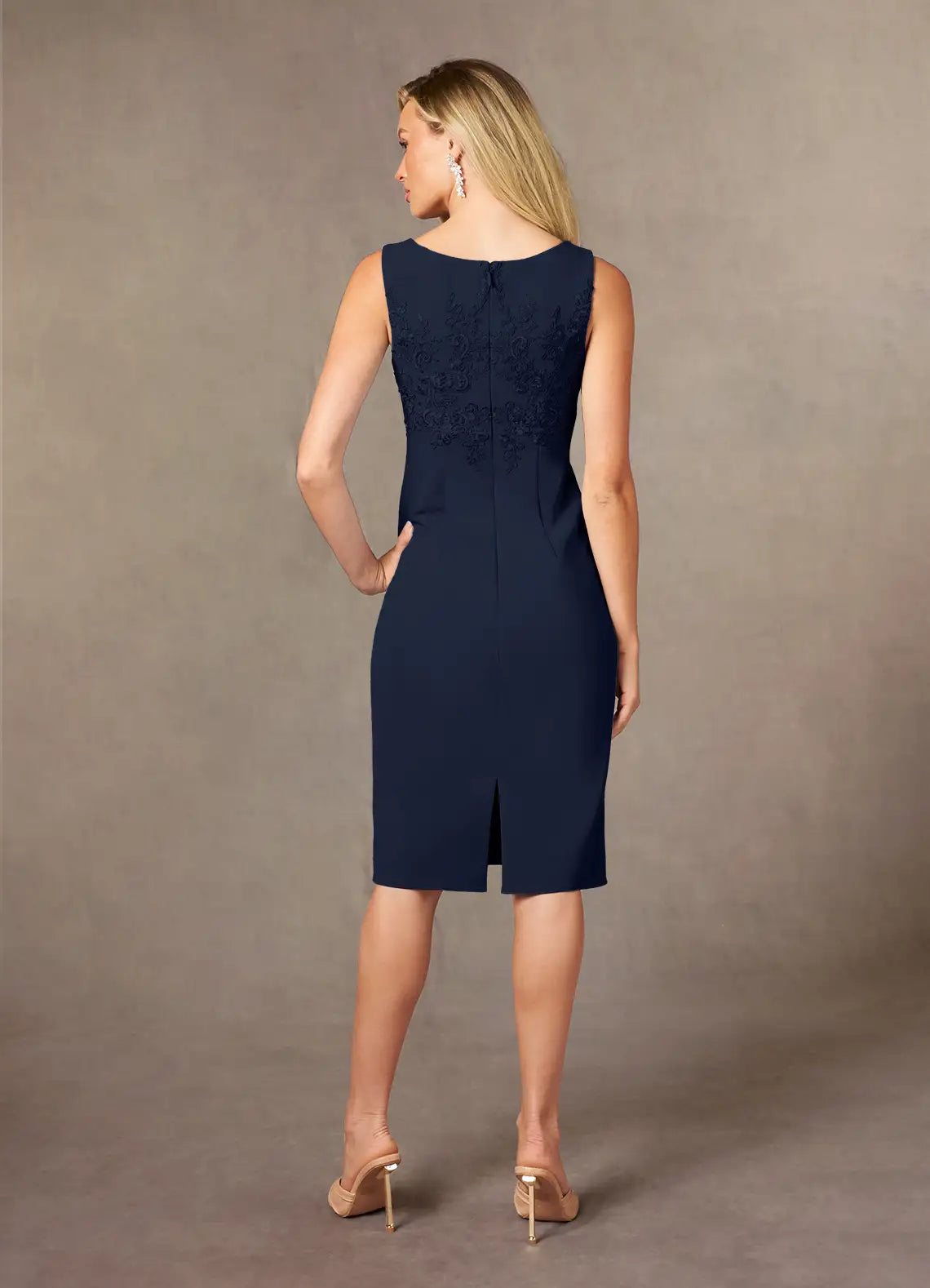 Dark Navy Sheath Lace Knee-Length Dress Three-Quarter Sleeve Solid Color Simple Scoop Neck Two-Piece Mother of the Bride Dress