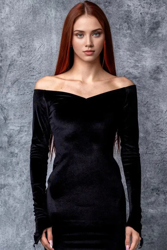 Sheath Off Shoulder Velvet Long Sleeves V Neck Mermaid Bridesmaid Prom Dress