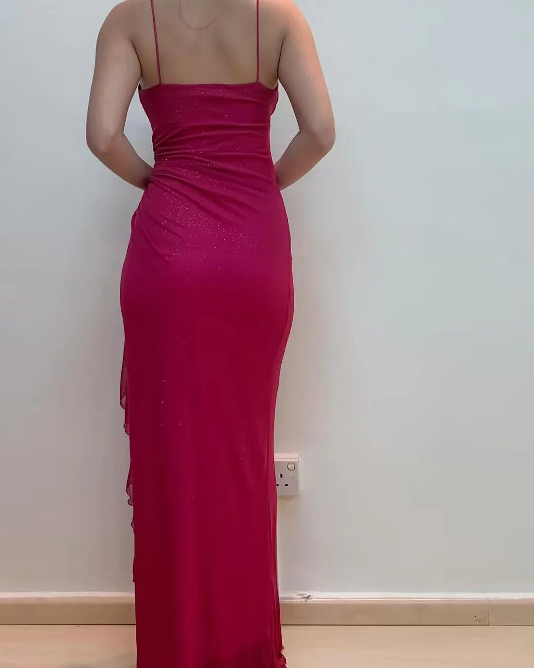 Weitese Formal Women's Dresses Spaghetti Straps Rose Red Sheath Ruffled Long Prom Dresses Prom Dresses Stores