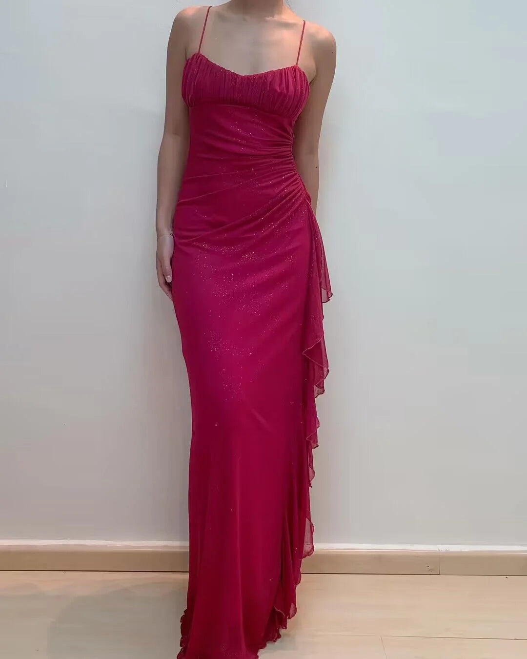 Weitese Formal Women's Dresses Spaghetti Straps Rose Red Sheath Ruffled Long Prom Dresses Prom Dresses Stores