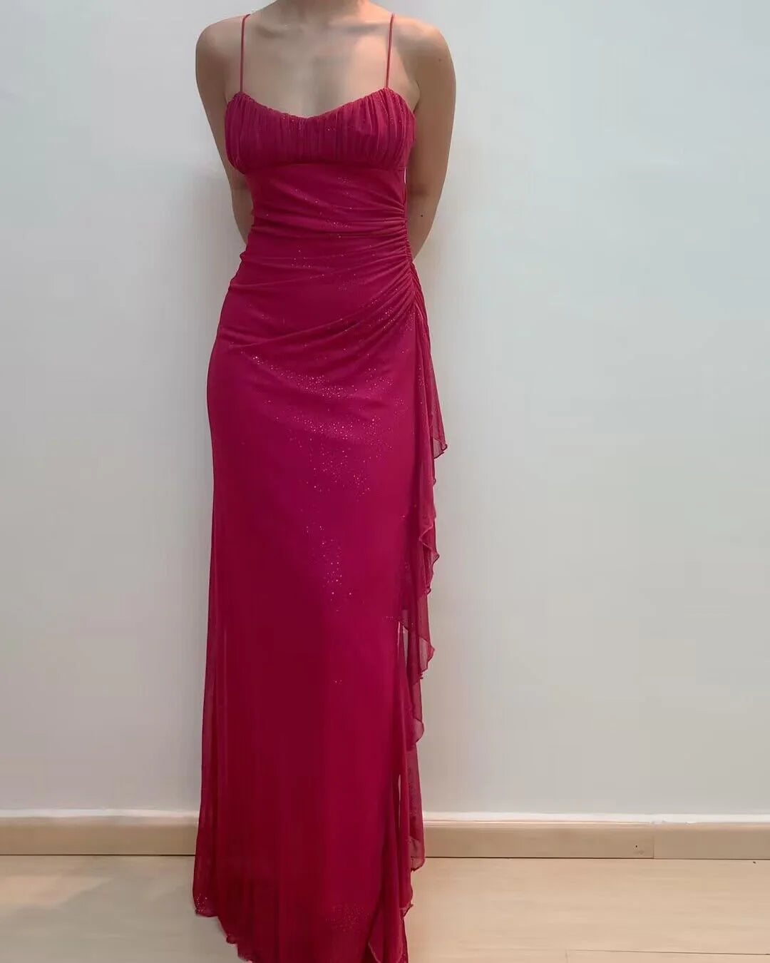 Weitese Formal Women's Dresses Spaghetti Straps Rose Red Sheath Ruffled Long Prom Dresses Prom Dresses Stores