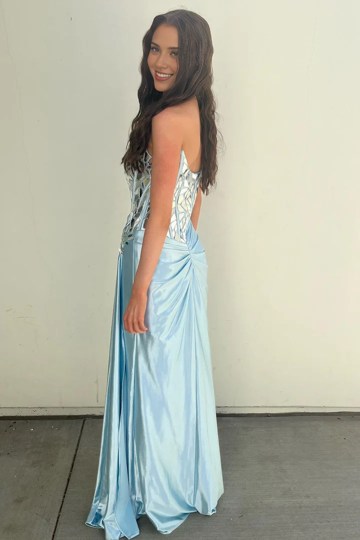 Sheath Sleeveless One-Shoulder Ruching Long Formal Prom Dress With Broken Mirrors