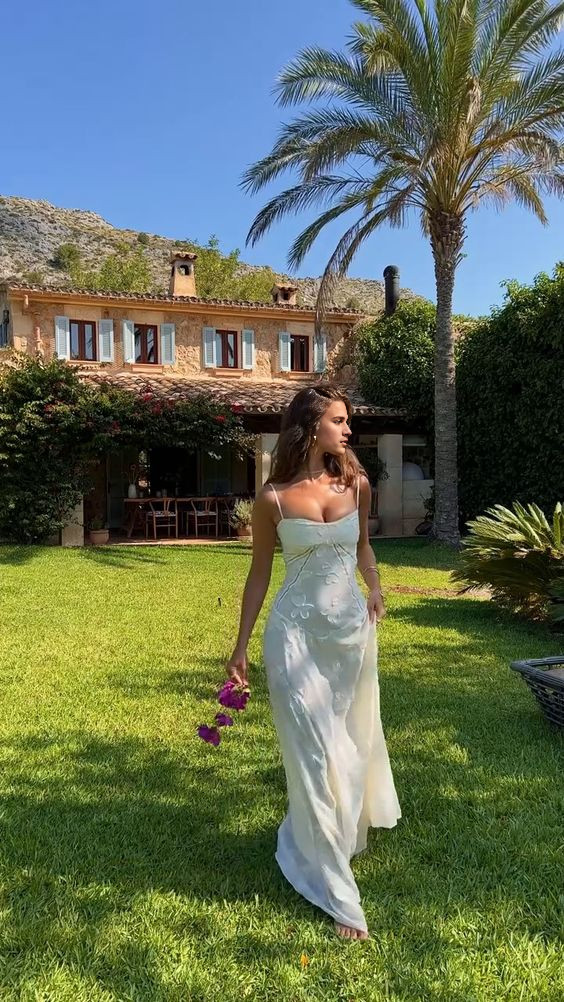 Vestido de fiesta de encaje sin mangas, largo hasta el suelo, color marfil, con tirantes finos 