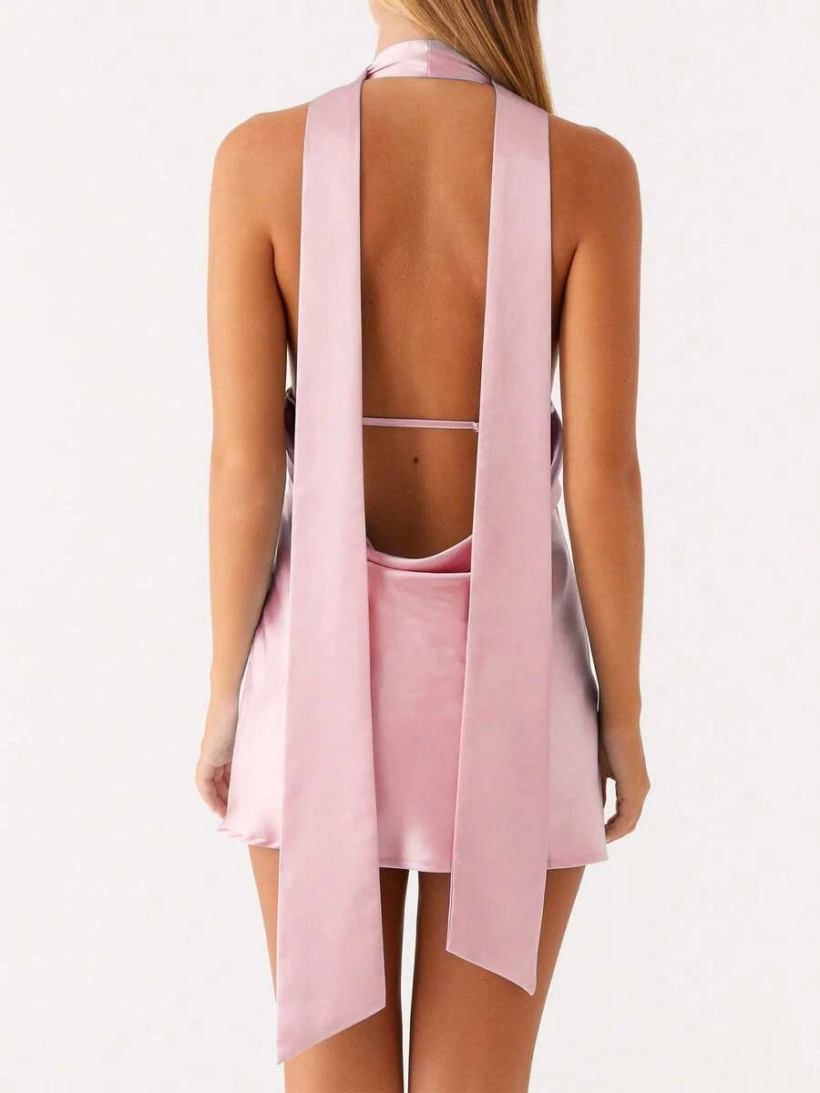 Sheath Halter Deep V Backless Satin Blush Pink Mini Homecoming Dress With Scarf