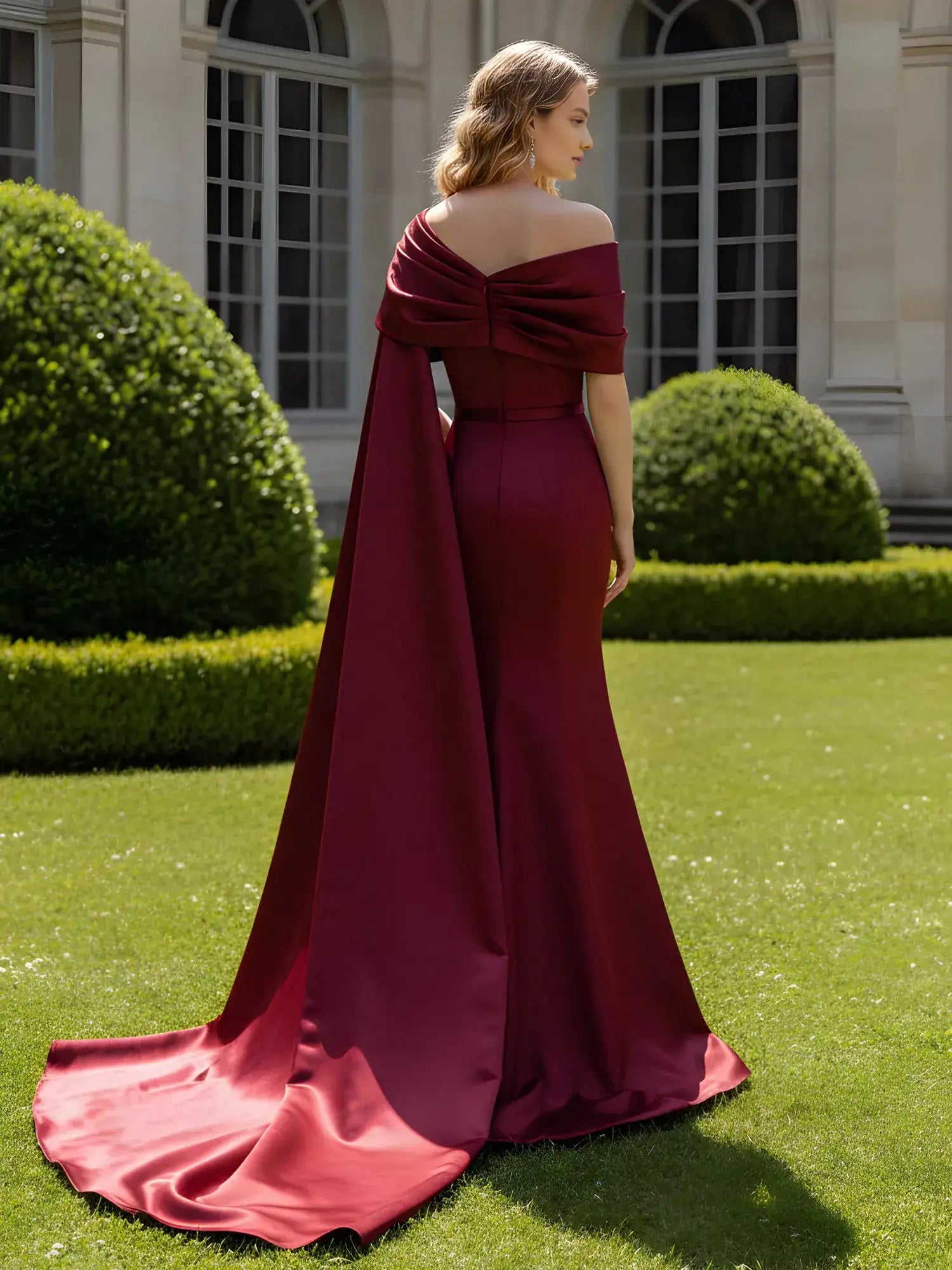 Sheath One-Shoulder Draped Cape High Slit Satin Burgundy Floor-Length Prom Dress