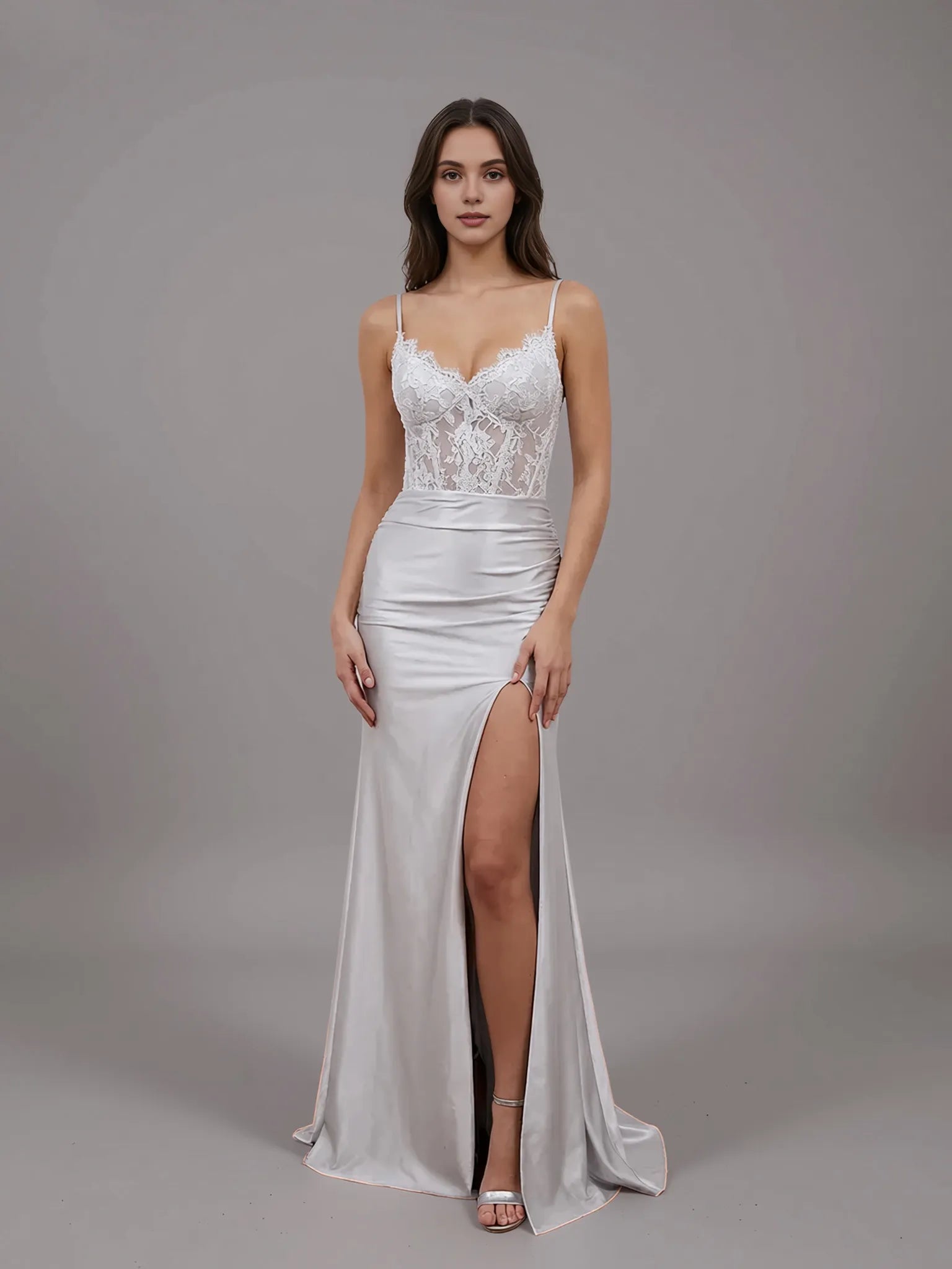 Sheer Empire Mermaid Spaghetti Strap Lace Applique Slit Satin Prom Gown