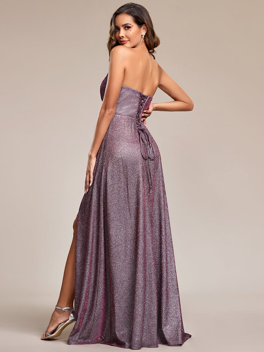 Detailed view of the back-laced closure on the shimmering evening dress.