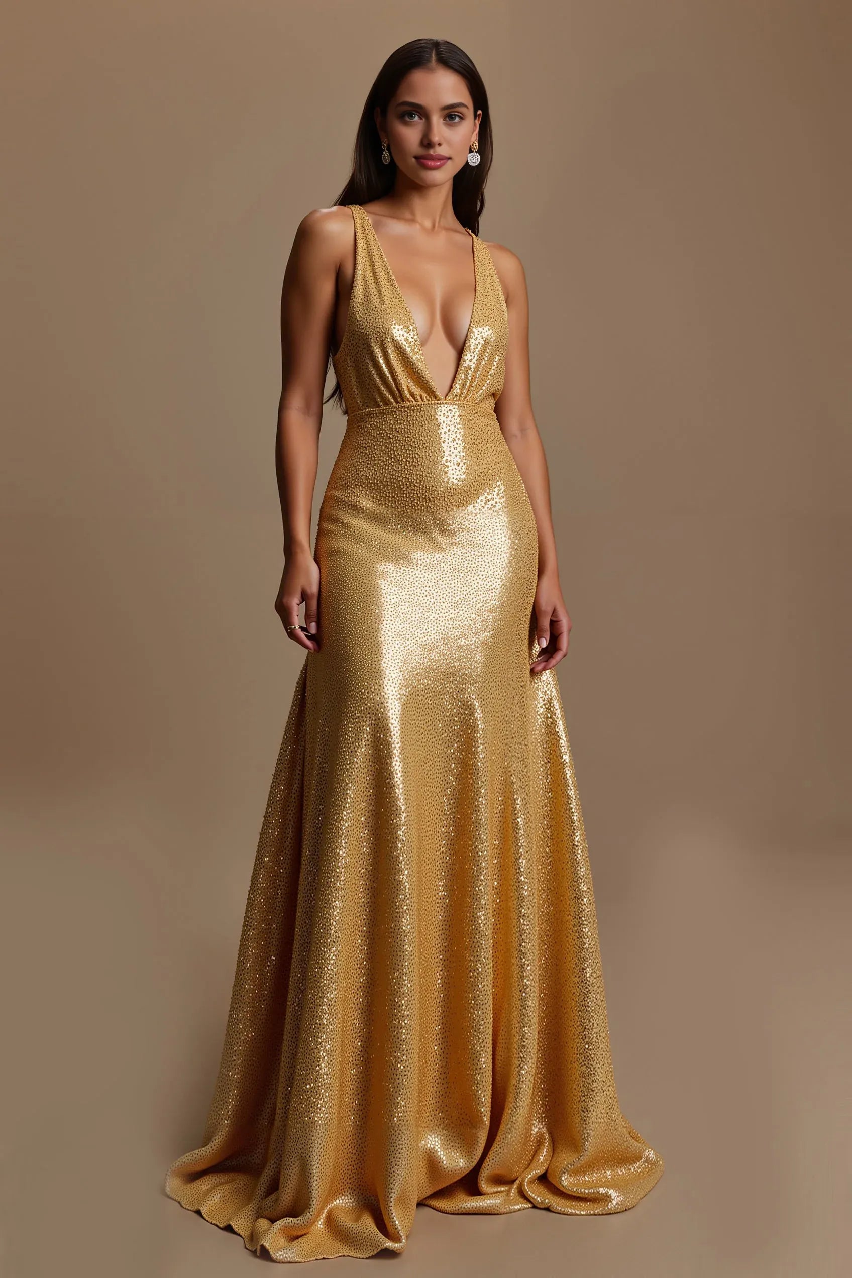 Shimmering A-Line V Neck Sleeveless Sequins Sweep/Brush Train Prom Dress