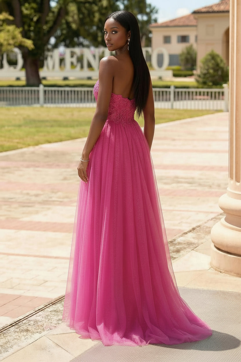 Shimmering A-Line One-Shoulder Floral High-Slit Tulle Hot Pink Floor-Length Prom Dress