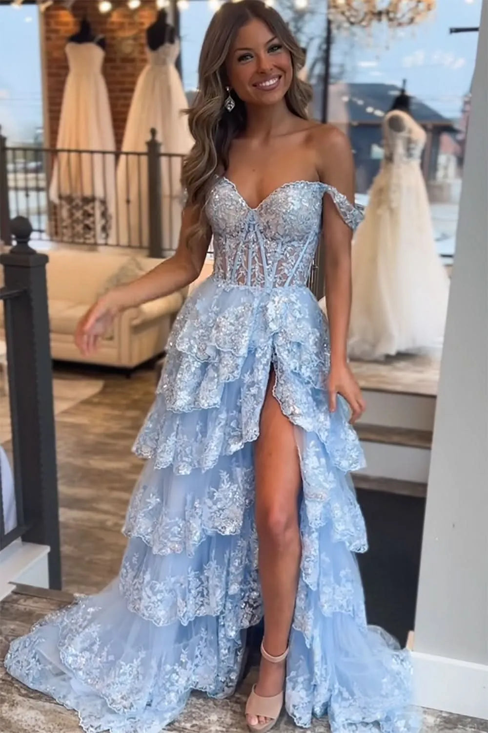 Shine Corset Sleeveless Princess Tulle Ruffles Long Prom Dress