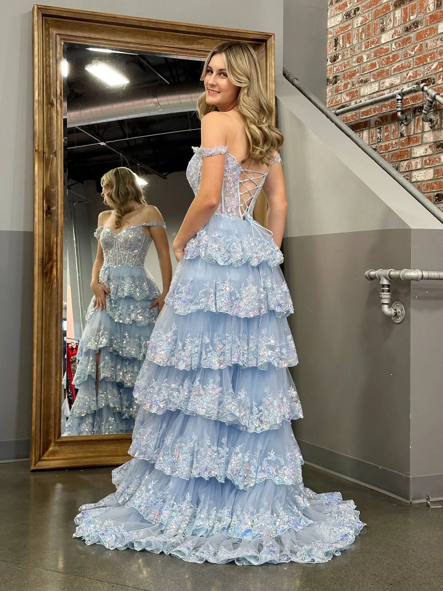 Shine Corset Sleeveless Princess Tulle Ruffles Long Prom Dress