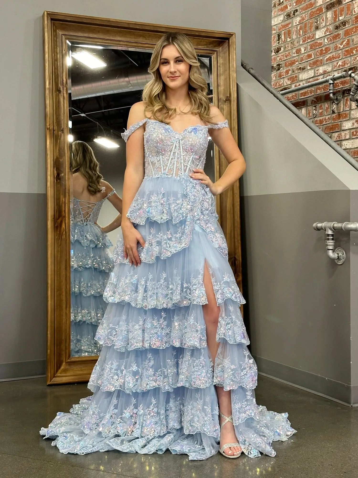 Shine Corset Sleeveless Princess Tulle Ruffles Long Prom Dress