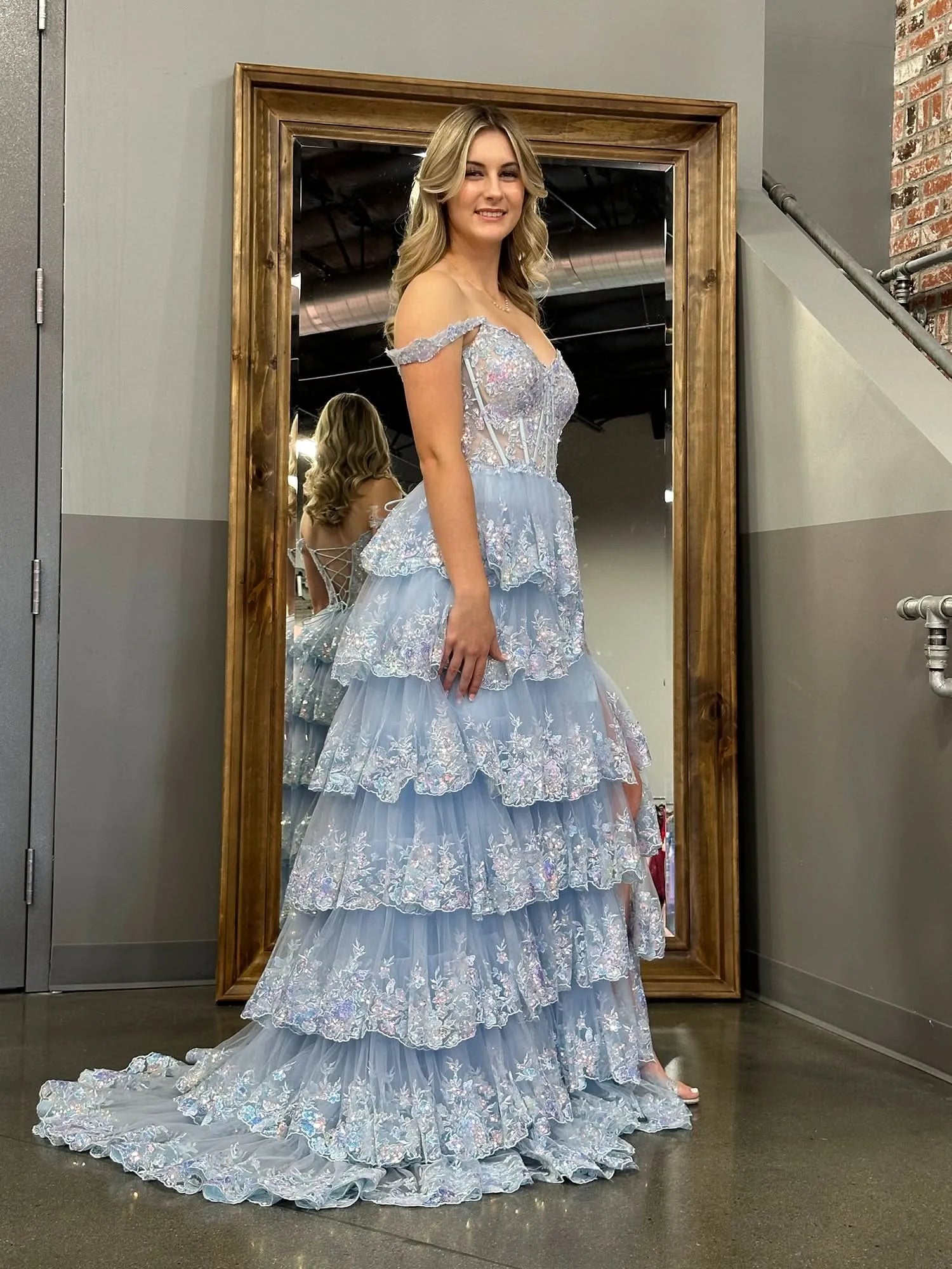Shine Corset Sleeveless Princess Tulle Ruffles Long Prom Dress