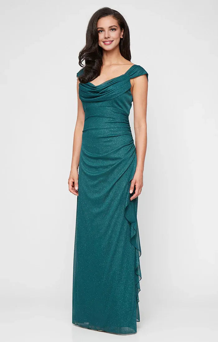 Shine Fitted Cowl Neck Cap Sleeve Backless Floor-Length Prom Dress