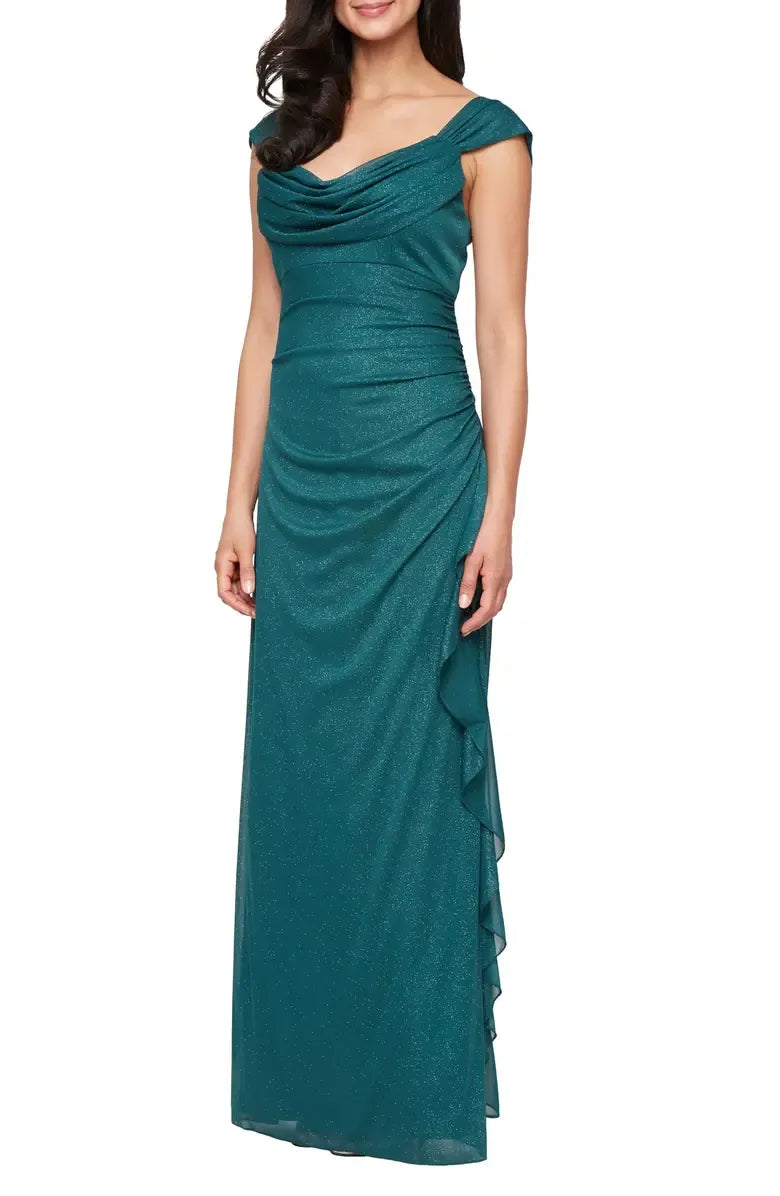 Shine Fitted Cowl Neck Cap Sleeve Backless Floor-Length Prom Dress