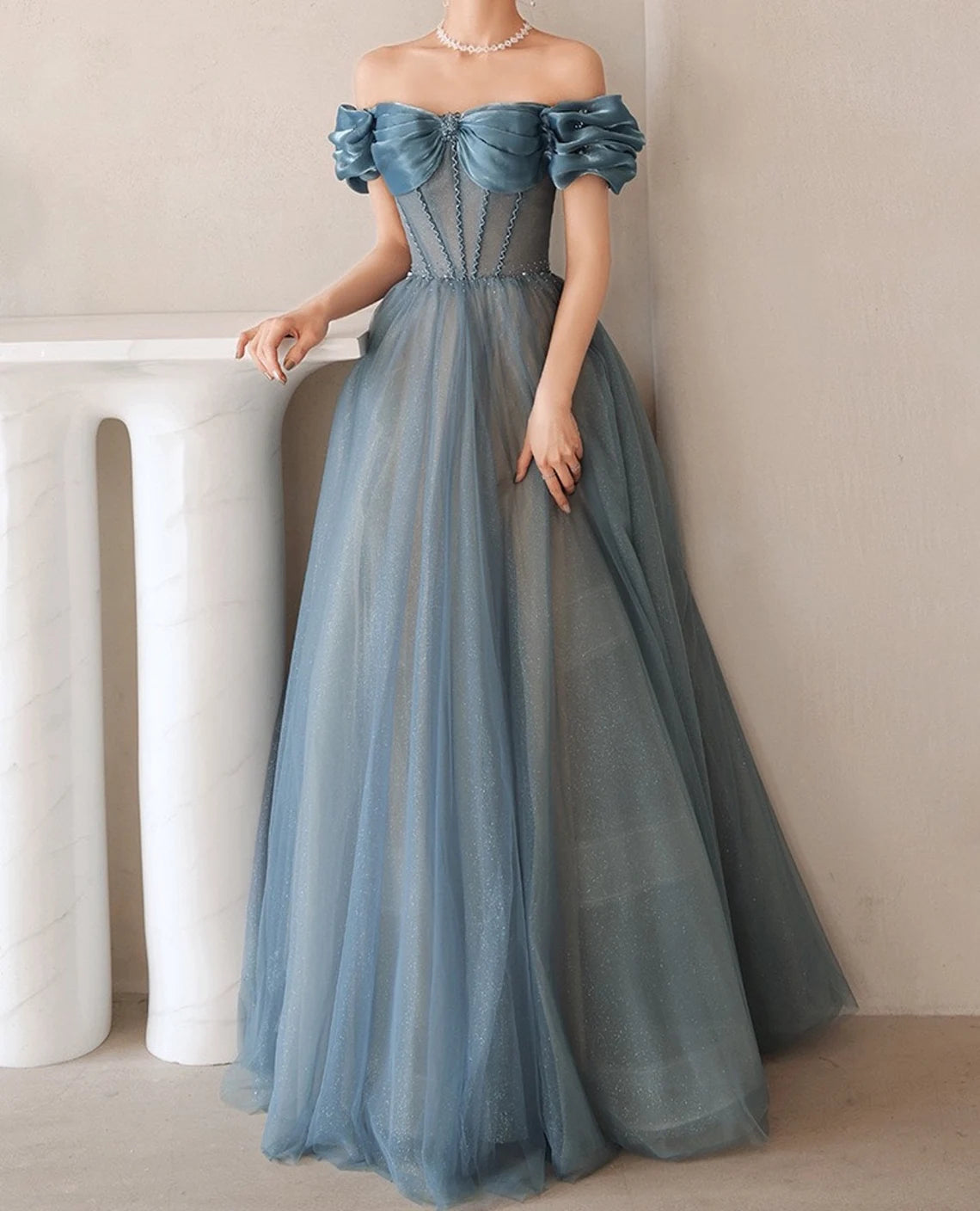 Shiny Blue Off Shoulder Evening Prom Gown Cocktail Dress Graduation Prom Dress Princess Dress Birthday Party Dress Prom Dress