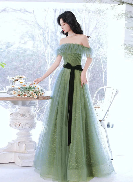 Dreamy A-line Off Shoulder Ruffle Sleeve Lace Up Back Long Prom Dress