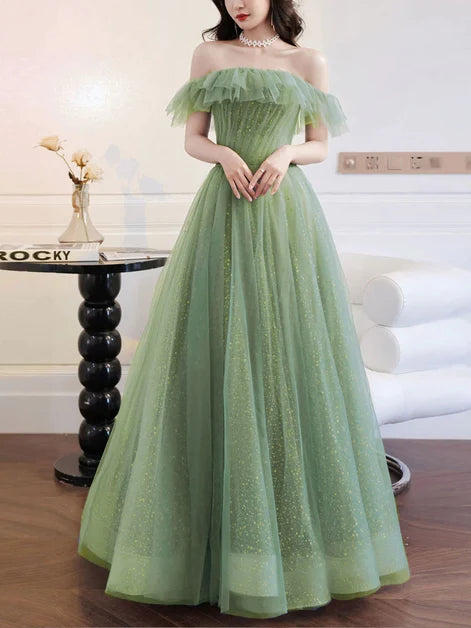 Dreamy A-line Off Shoulder Ruffle Sleeve Lace Up Back Long Prom Dress