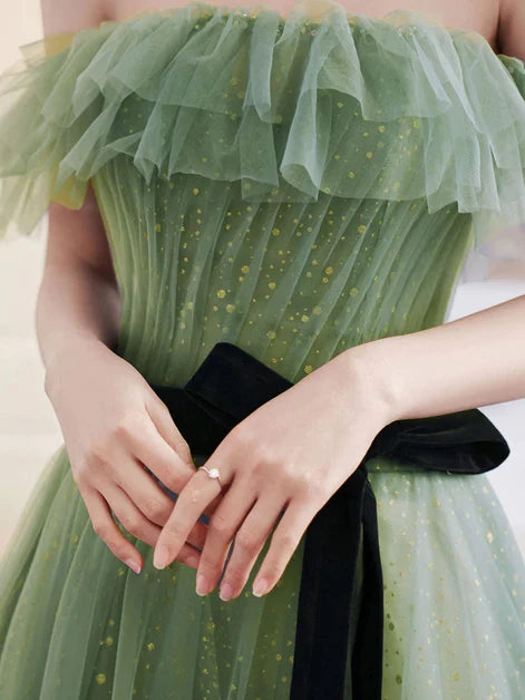 Dreamy A-line Off Shoulder Ruffle Sleeve Lace Up Back Long Prom Dress