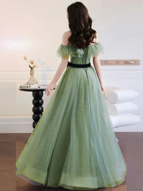 Dreamy A-line Off Shoulder Ruffle Sleeve Lace Up Back Long Prom Dress