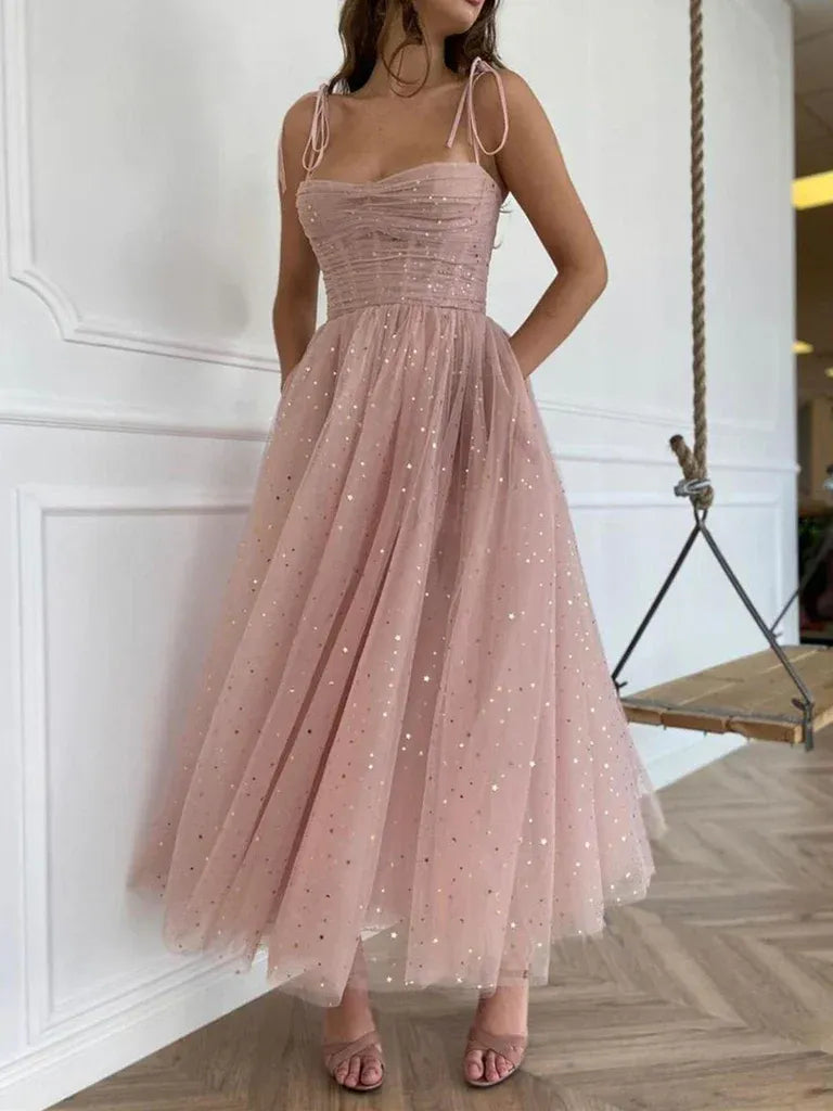 Shiny Spaghetti Straps Sleeveless A-Line Sequins Tulle Ankle-Length Prom Dress
