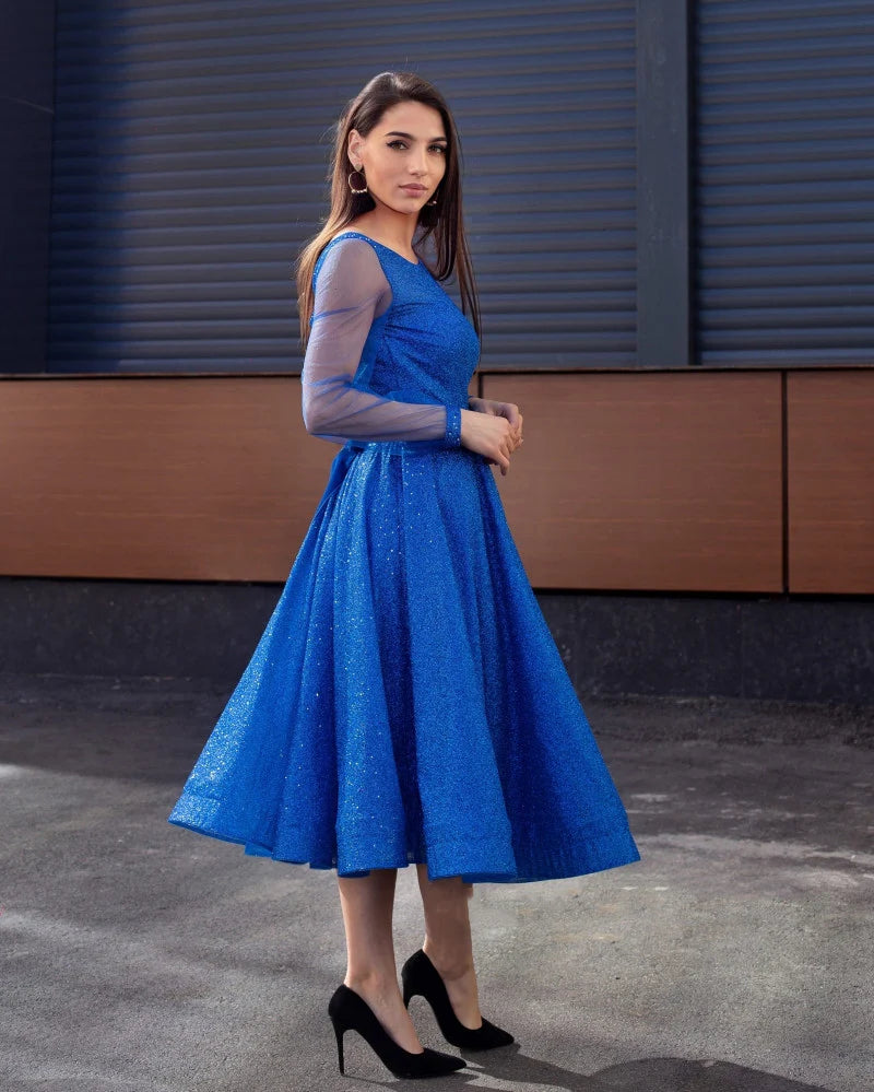 Weitese Formal Women's Dresses Light Royal Blue Tea Length Prom Dresses Scoop Neck Long Sleeves Homecoming Party Graduation Gowns Short A Line Women Wear Prom Dresses Stores