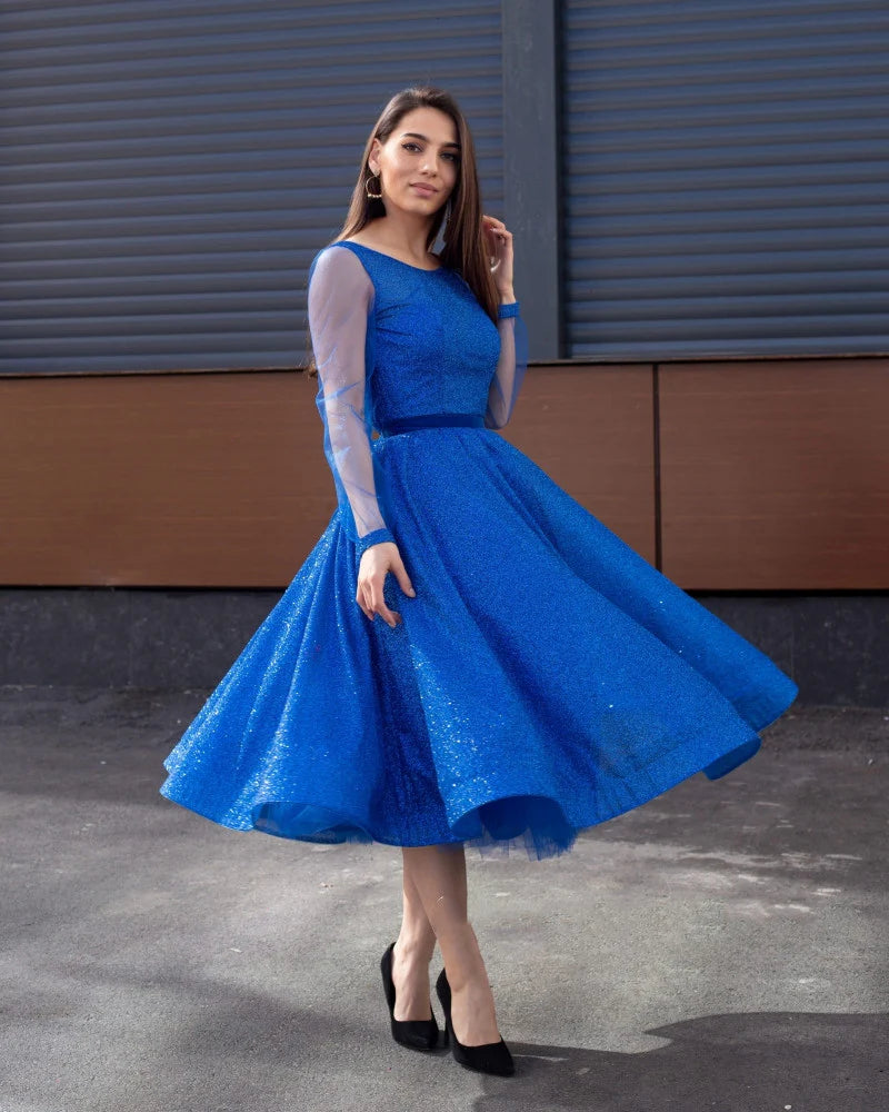 Weitese Formal Women's Dresses Light Royal Blue Tea Length Prom Dresses Scoop Neck Long Sleeves Homecoming Party Graduation Gowns Short A Line Women Wear Prom Dresses Stores