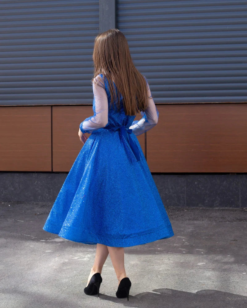 Weitese Formal Women's Dresses Light Royal Blue Tea Length Prom Dresses Scoop Neck Long Sleeves Homecoming Party Graduation Gowns Short A Line Women Wear Prom Dresses Stores