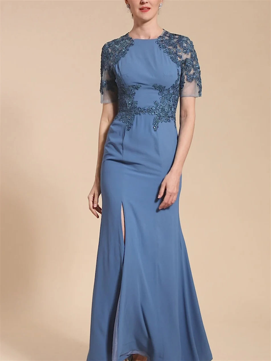 Formal Women's Dresses Trumpet/Mermaid Short Sleeves Ankle-Length Mother of the Bride Dresses with Slit Prom Dresses Stores