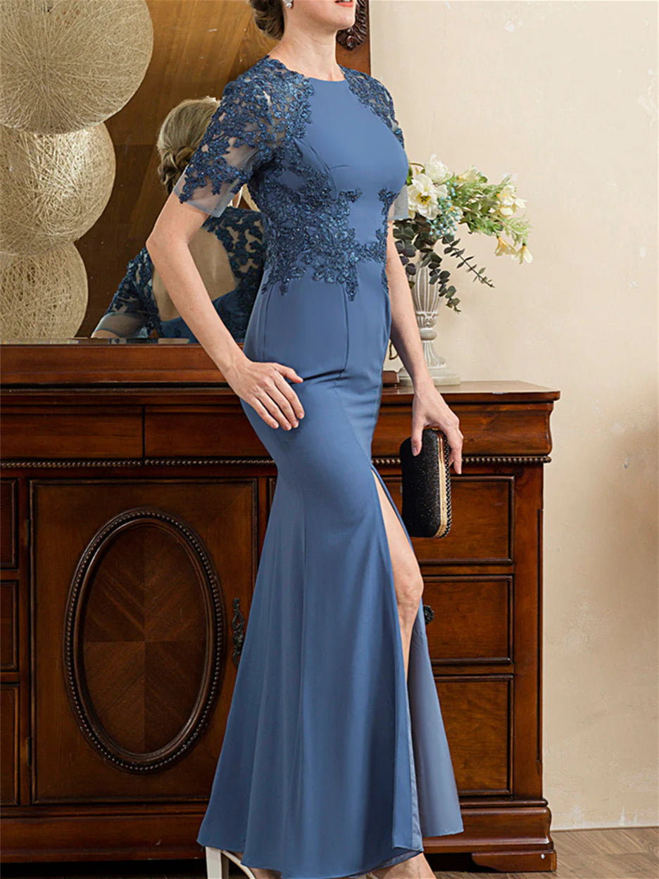 Formal Women's Dresses Trumpet/Mermaid Short Sleeves Ankle-Length Mother of the Bride Dresses with Slit Prom Dresses Stores