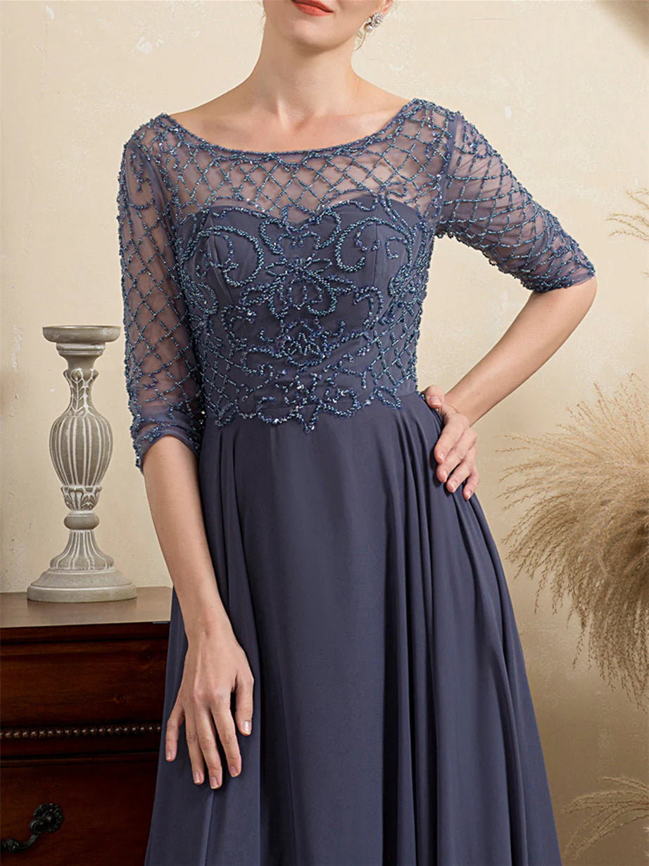 Formal Women's Dresses A-Line/Princess Scoop Short Sleeves Floor-Length Beaded Mother of the Bride Dresses Prom Dresses Stores