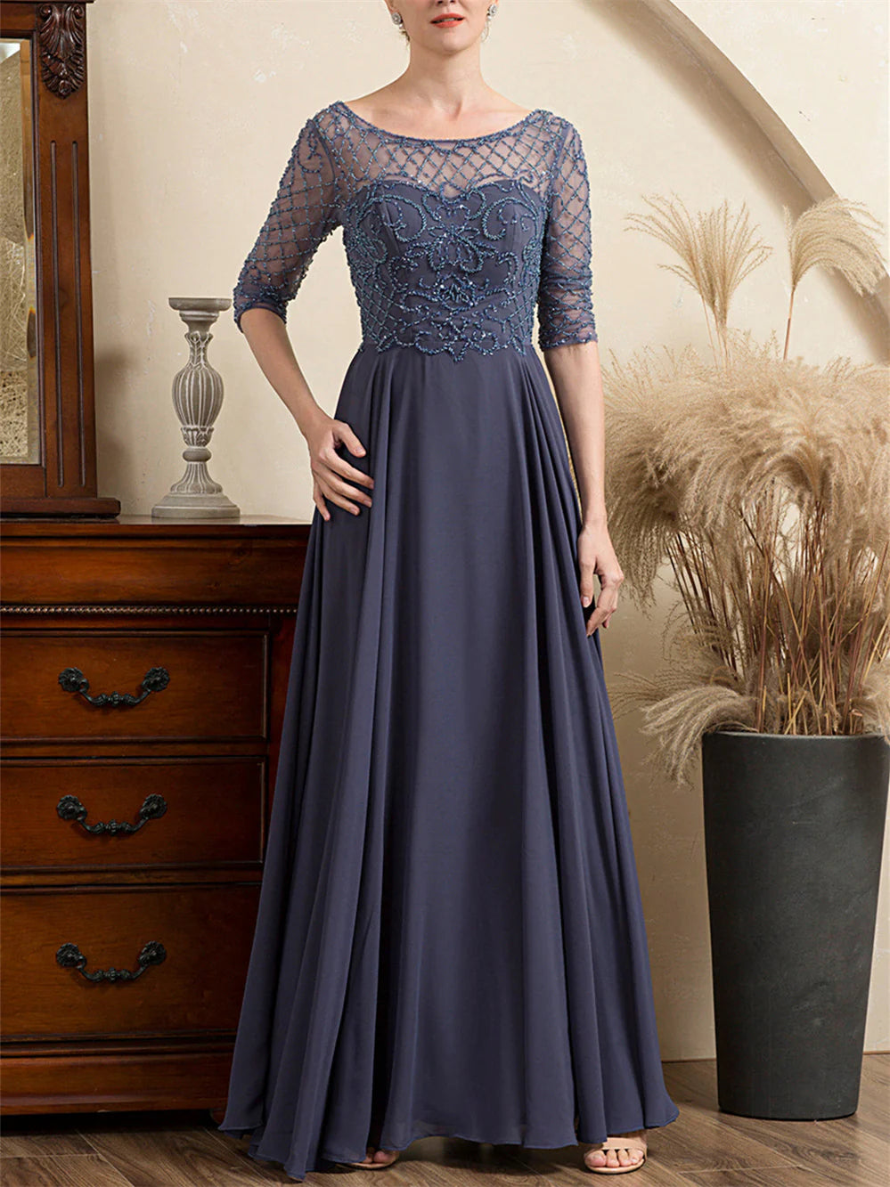 Formal Women's Dresses A-Line/Princess Scoop Short Sleeves Floor-Length Beaded Mother of the Bride Dresses Prom Dresses Stores