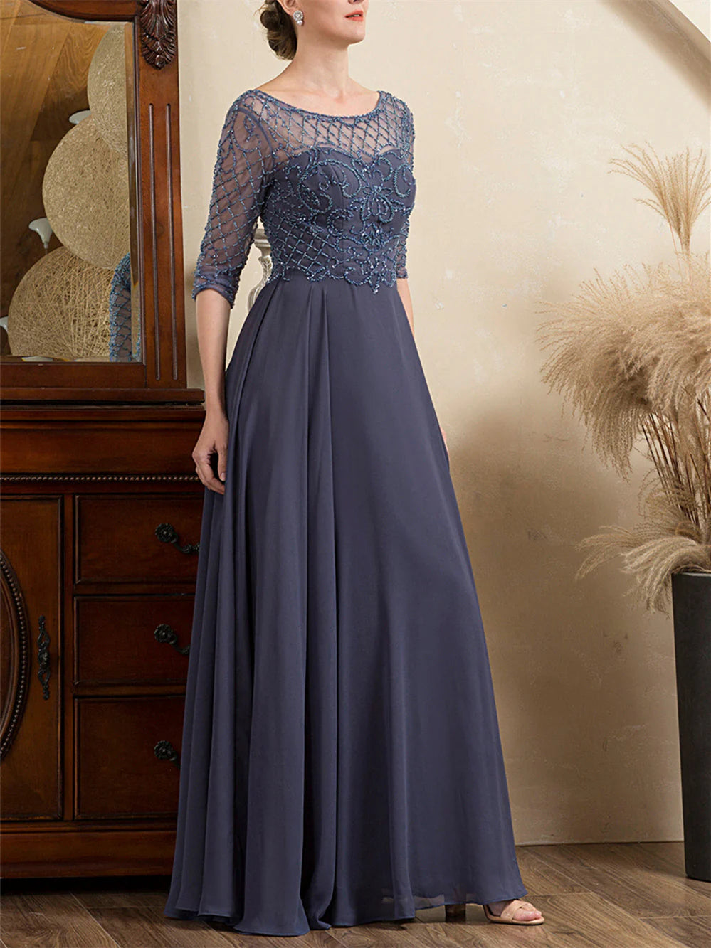 Formal Women's Dresses A-Line/Princess Scoop Short Sleeves Floor-Length Beaded Mother of the Bride Dresses Prom Dresses Stores