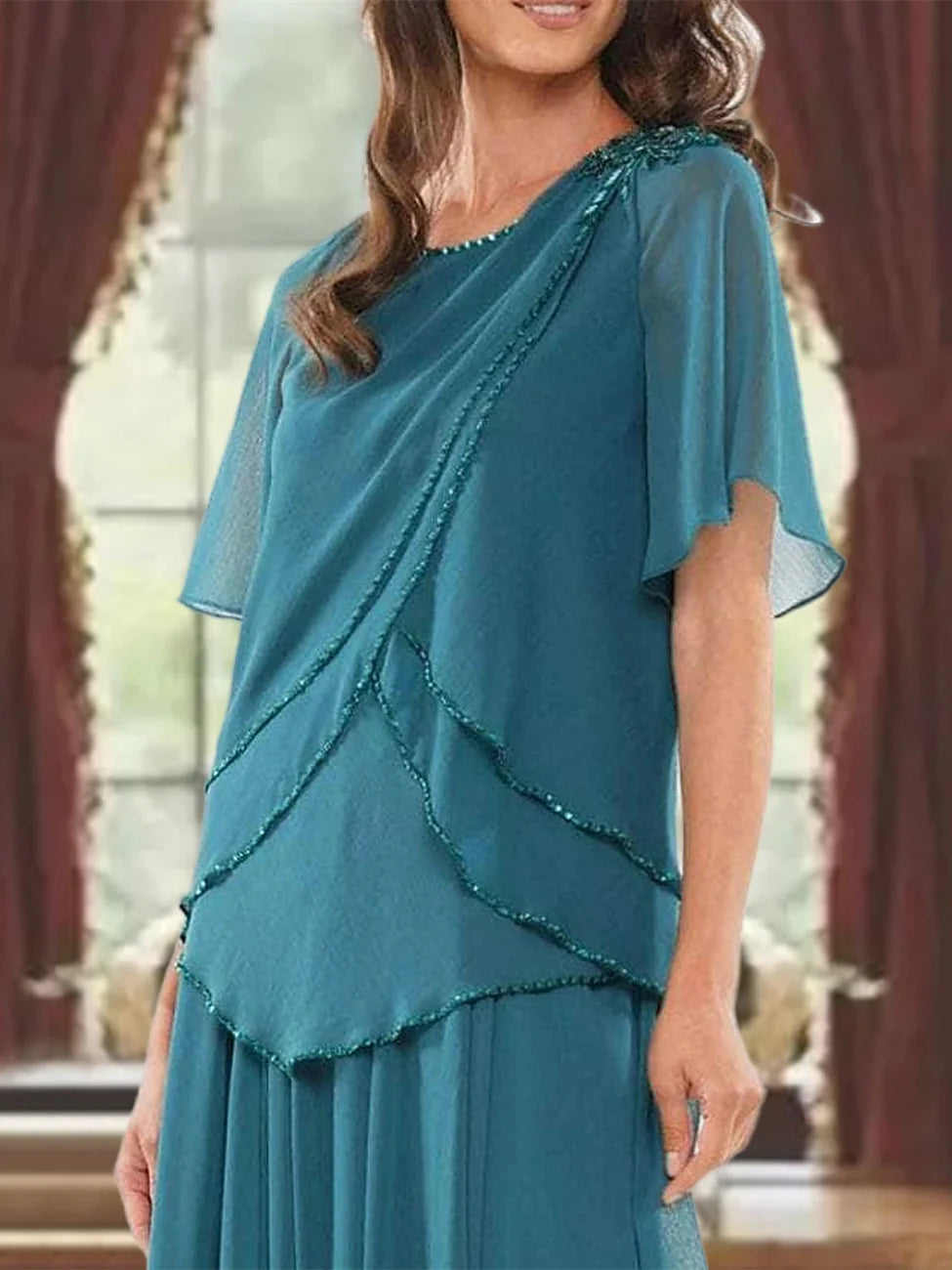Formal Women's Dresses A-Line/Princess Jewel Neck Short Sleeves Floor Length Mother of the Bride Dress with Pleats Prom Dresses Stores