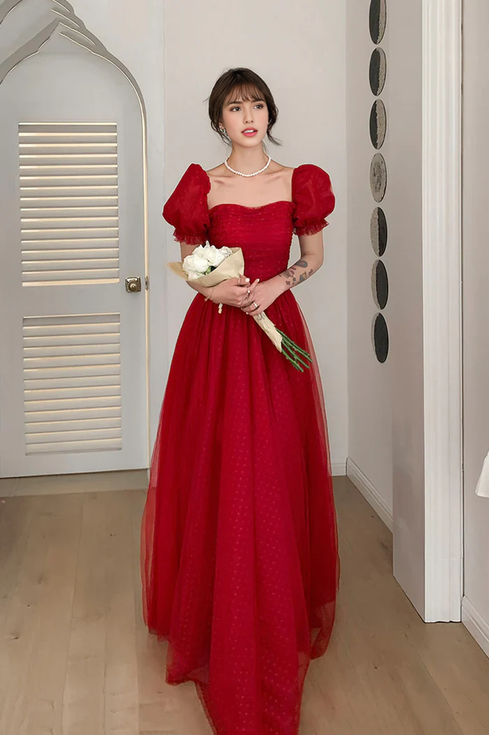Robe de soirée Weitese en tulle rouge pour femme, coupe trapèze, manches courtes, robe de bal longue, robe de remise de diplôme, vêtements de bal 