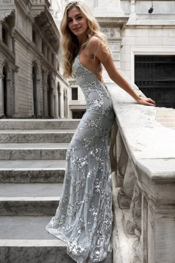 Silver Sequin Mermaid V-Neck Lace-Up Back Floor-Length Dress