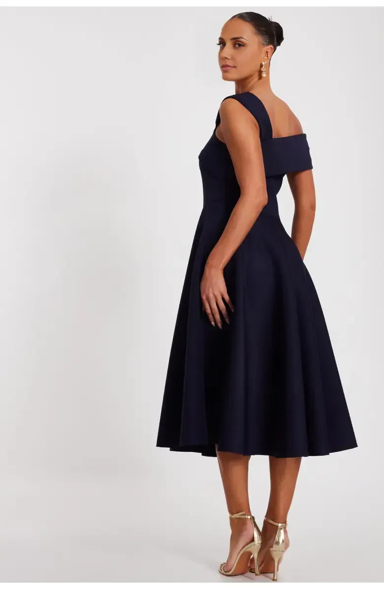 Simple A-Line Asymmetric-neck Sleeveless Backless Tea-Length Prom Dress