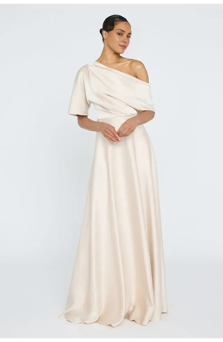 Simple A-Line Asymmetrical Neck Short Sleeve Satin Floor-Length Prom Dress