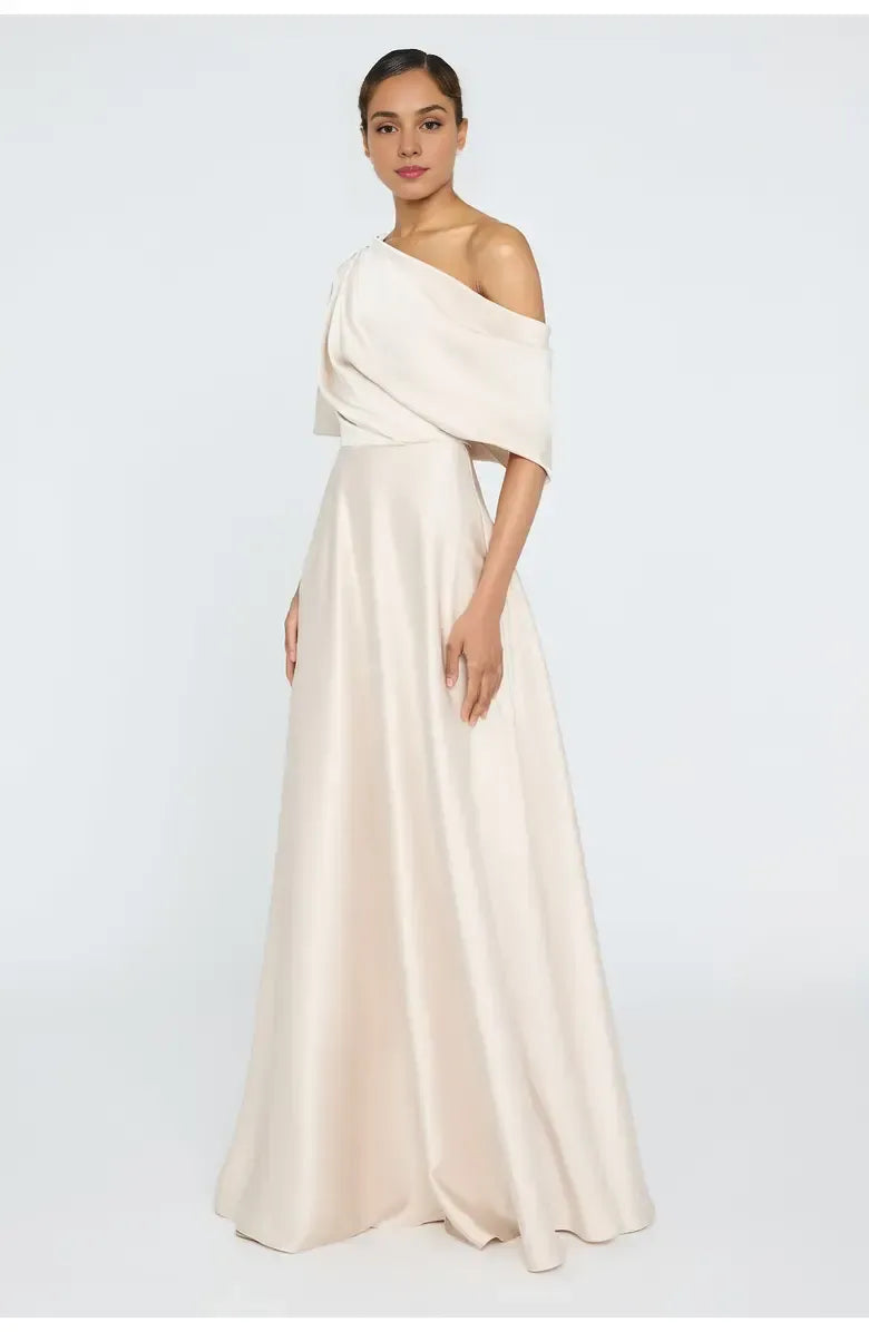 Simple A-Line Asymmetrical Neck Short Sleeve Satin Floor-Length Prom Dress