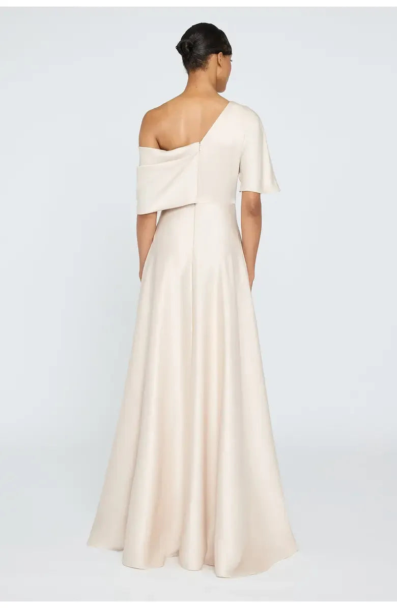 Simple A-Line Asymmetrical Neck Short Sleeve Satin Floor-Length Prom Dress