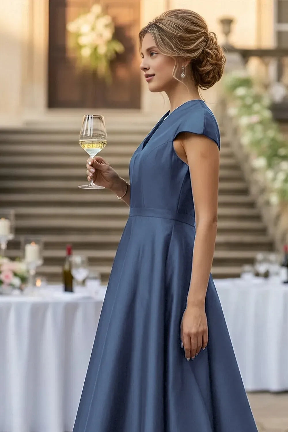 Simple A-Line Cap Sleeve High Neck Satin Solid Color Ankle-Length Mother Of The Bride Dress