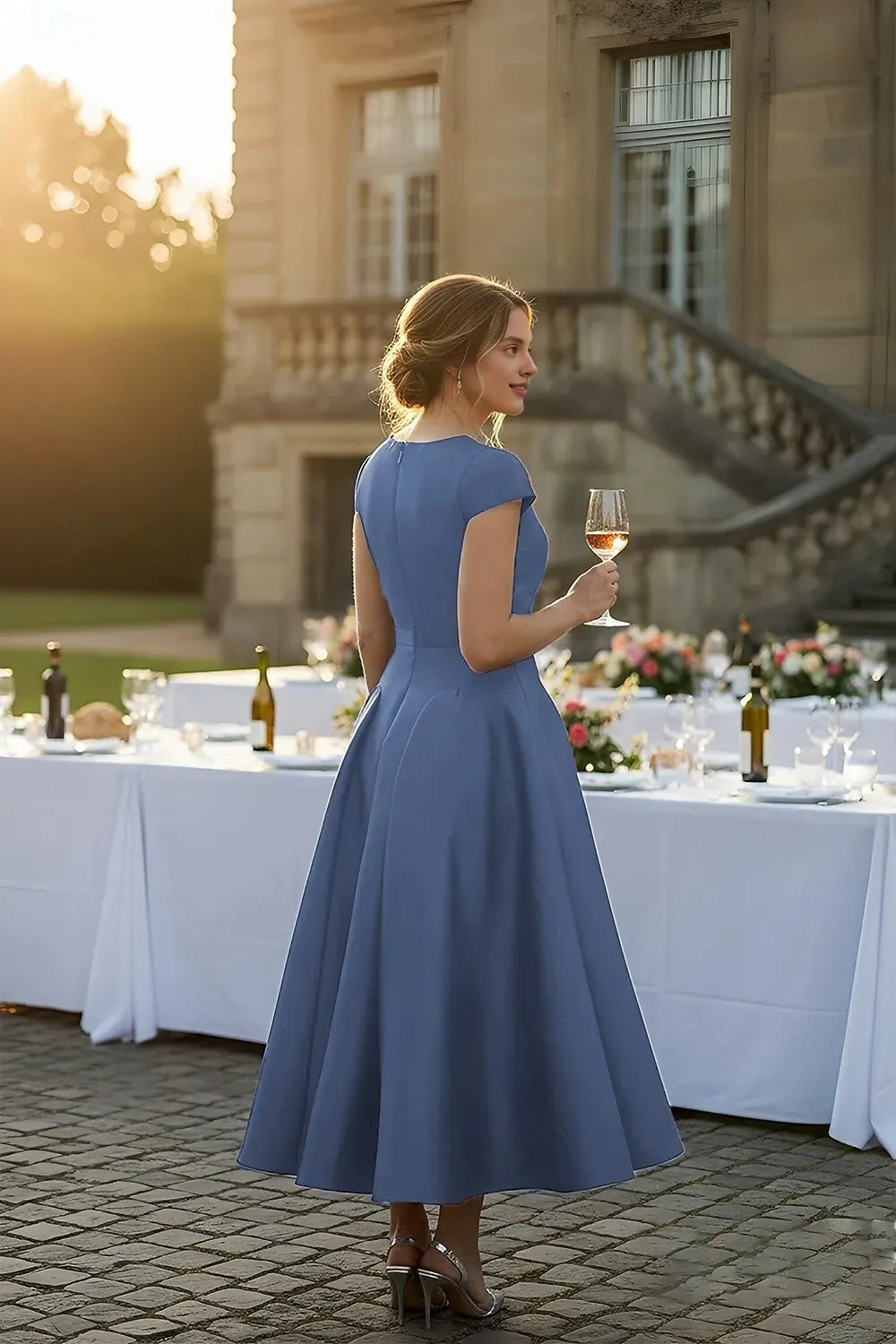 Simple A-Line Cap Sleeve High Neck Satin Solid Color Ankle-Length Mother Of The Bride Dress