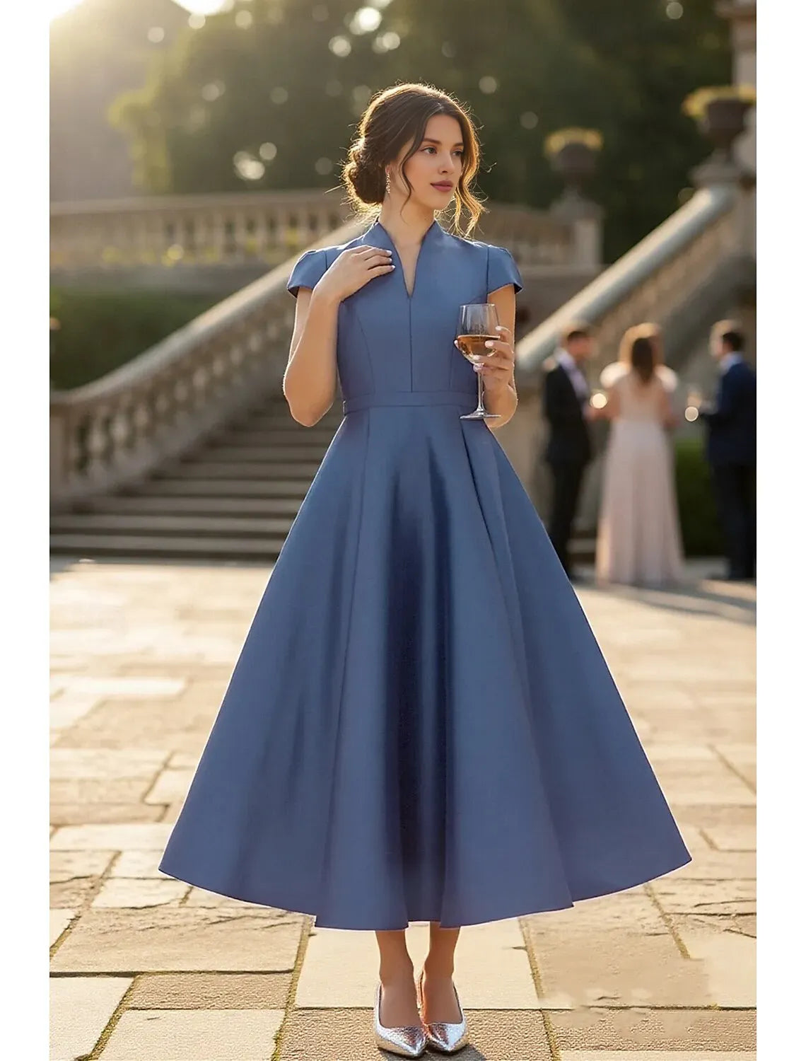 Simple A-Line Cap Sleeve High Neck Satin Solid Color Ankle-Length Mother Of The Bride Dress