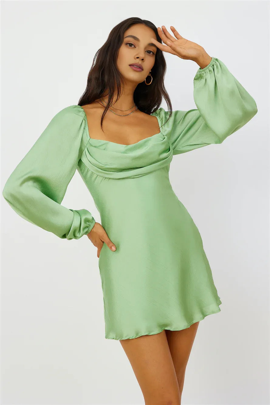 Simple A-Line Cowl-Neck Long Sleeves Zipper Up Short-Mini Prom Dress