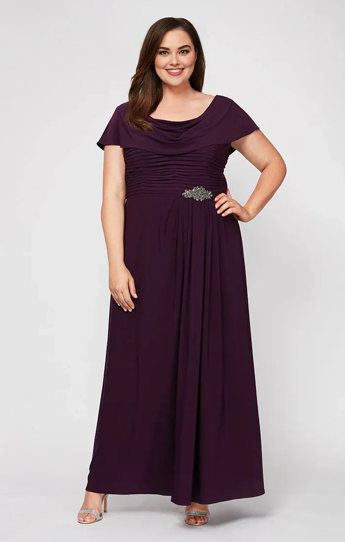 Simple A-Line Cowl Neck Cap Sleeve Chiffon Ankle-Length Plus Size Mother of the Bride Dress