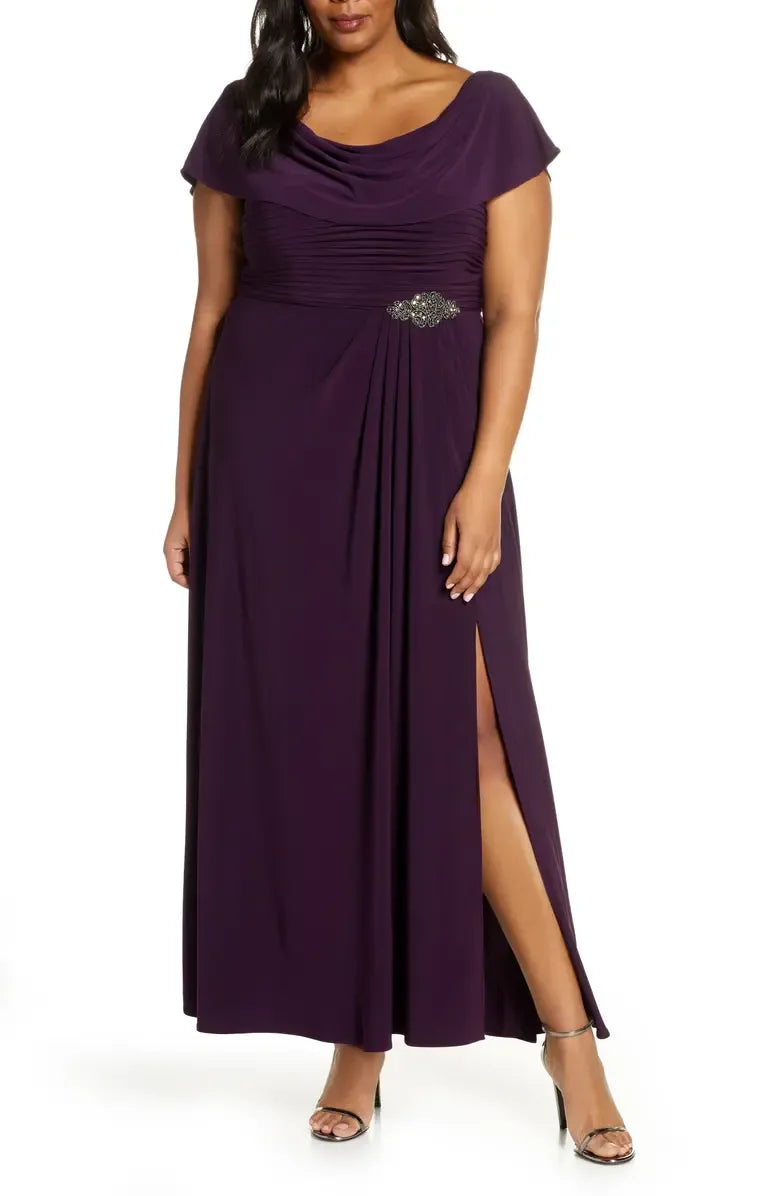 Simple A-Line Cowl Neck Cap Sleeve Chiffon Ankle-Length Plus Size Mother of the Bride Dress