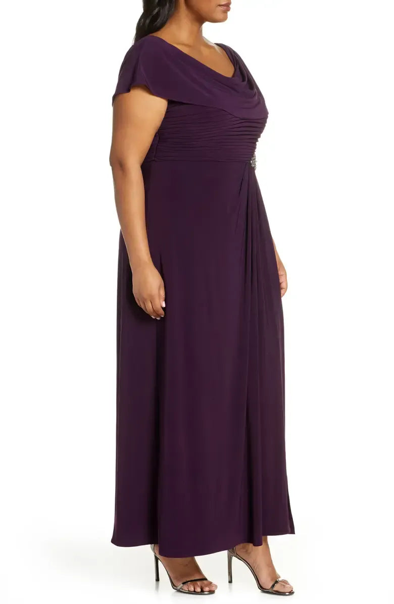 Simple A-Line Cowl Neck Cap Sleeve Chiffon Ankle-Length Plus Size Mother of the Bride Dress