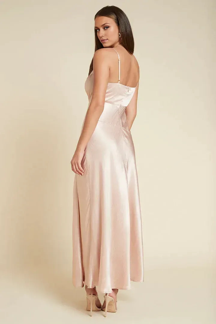 Simple A-Line Cowl Neck Sleeveless Satin Ankle-Length Prom Dress